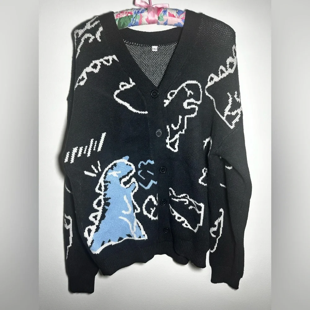 Cute Kawaii Cartoon Dinosaur Print Long Sleeve Loose Knitted Cardigan w Buttons - Picture 7 of 11